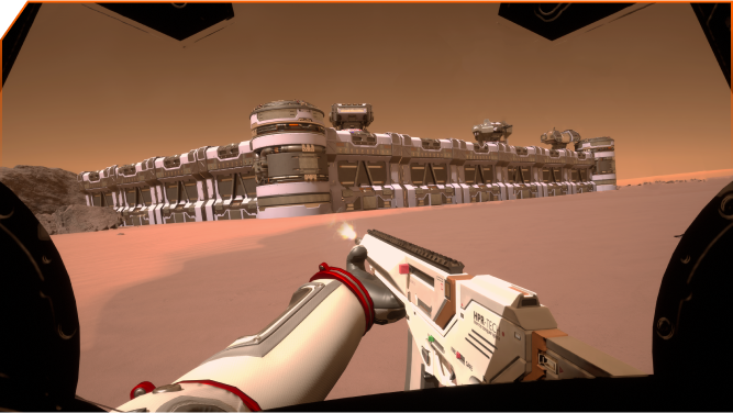 First-person view with a futuristic gun aimed at a large base on a Mars-like surface